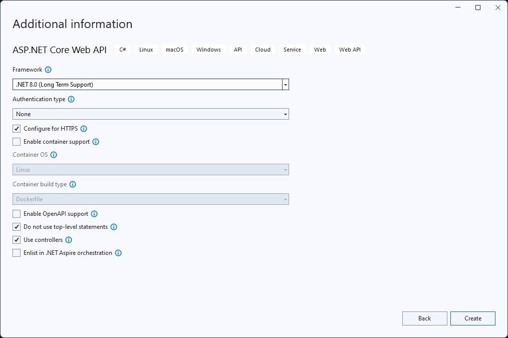 ASP.NET Core Web API プロジェクトの新しいプロジェクトの詳細を作成する Visual Studio のスクリーンショット