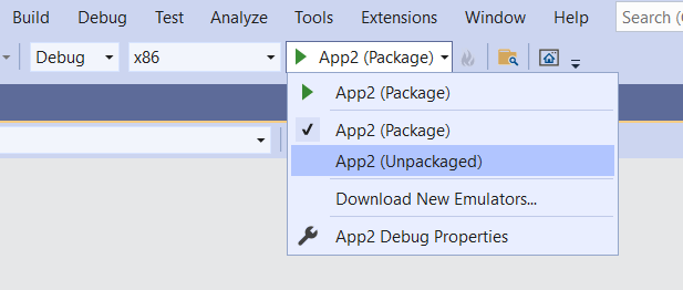 Visual Studio - C# アプリケーションのパッケージ化されていない起動プロファイルが強調表示された起動ドロップダウン