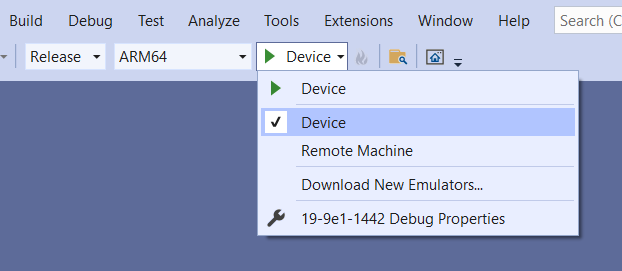 Visual Studio での配置ターゲットとしての [デバイス] の選択