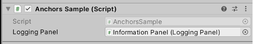 Unity エディターでインスペクター パネルが開いている状態を示すスクリーンショット。アンカー サンプル スクリプトが強調表示されています。