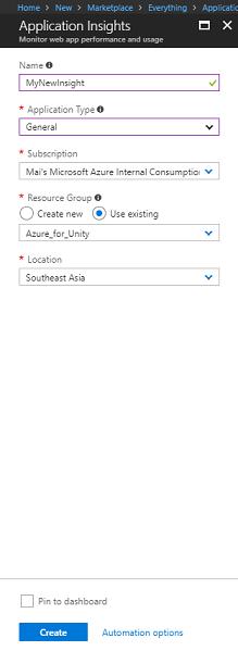 Application Insights ウィンドウのスクリーンショット。名前とアプリケーションの種類が強調表示されています。