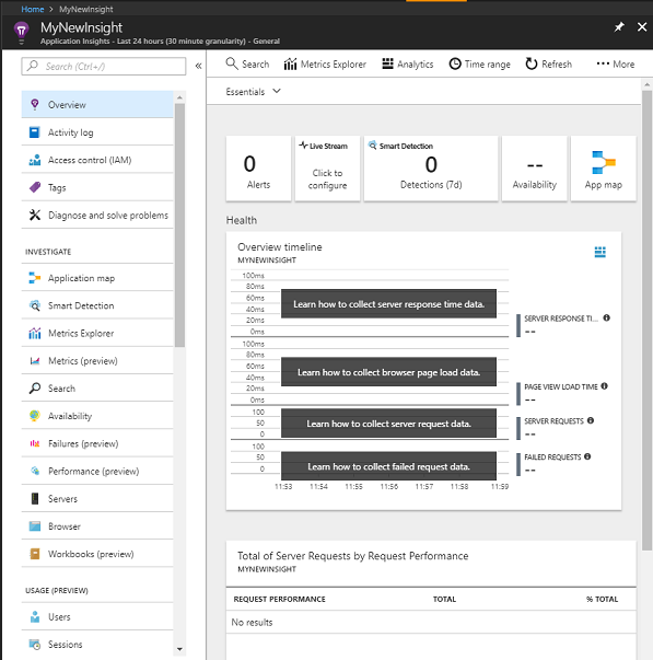 インスタンス名が MyNewInsight である Application Insights Service インスタンスを示すスクリーンショット。