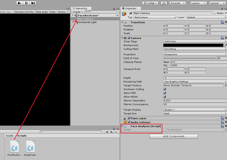 FaceAnalysis を Main Camera に配置します