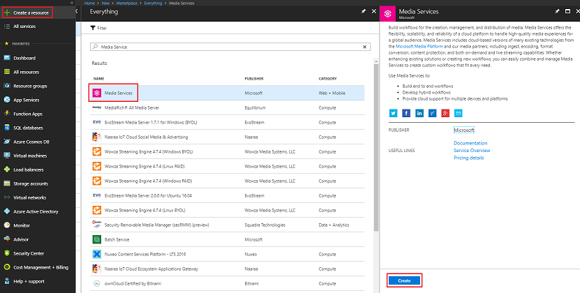 Azure Portal のスクリーンショット。Media Services オプションが強調表示されています。