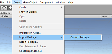 アセット メニューのスクリーンショット。[パッケージのインポート] メニューが開いています。[カスタム パッケージ] が選択されています。