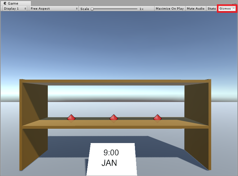 上部のナビゲーションで強調表示されている Gizmos メニュー項目を示す Unity シーン ウィンドウのスクリーンショット。