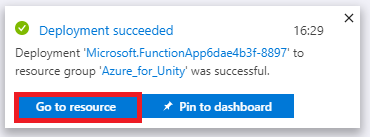 [リソースに移動] ボタンが強調表示された [デプロイに成功しました] を示すスクリーンショット。
