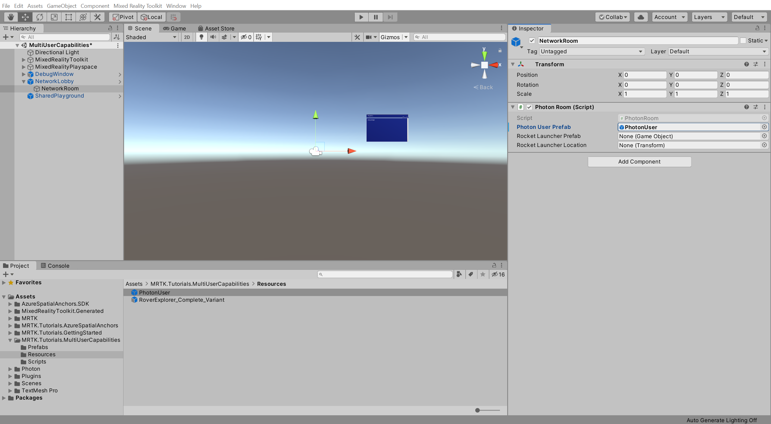 Photon Room コンポーネントが部分的に構成された Unity