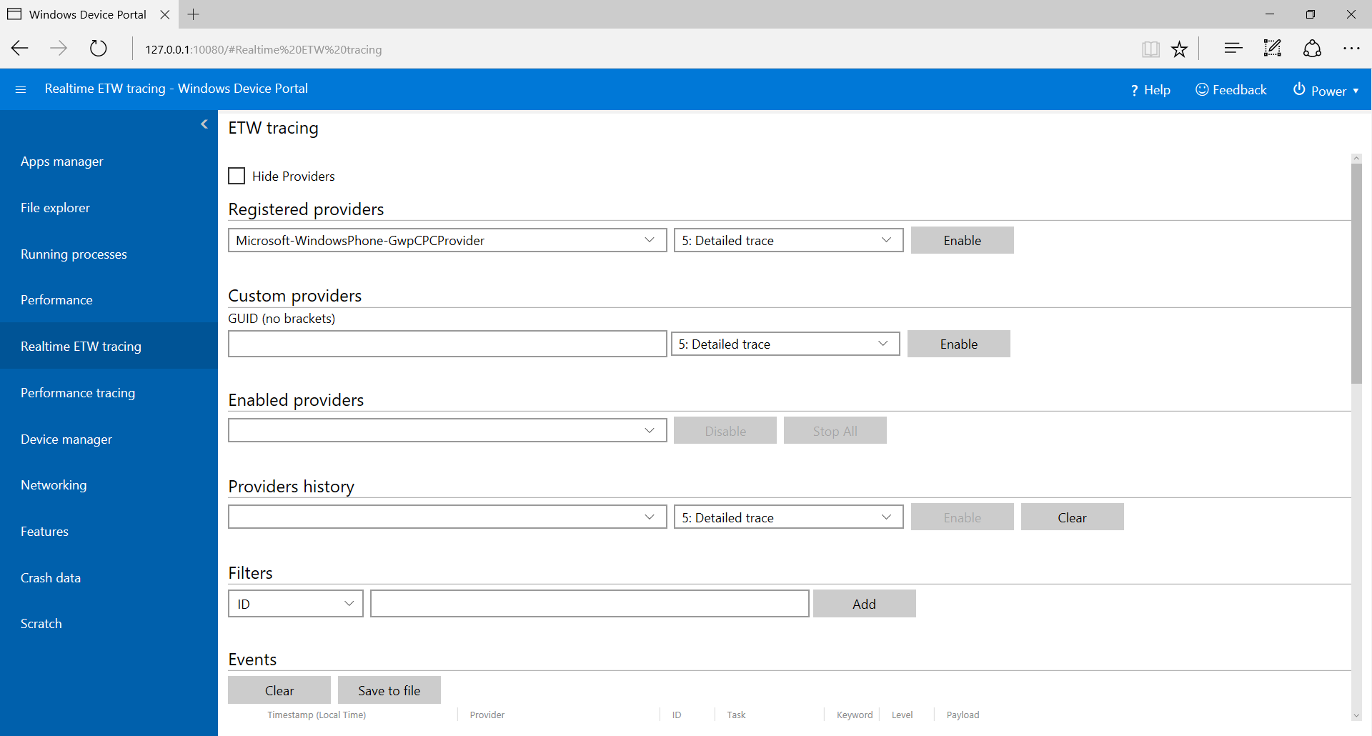 デバイス ポータルの [ETW logging]\(ETW ログ\) ページ