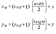ウィンドウ座標の計算を示す数式。