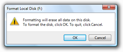 screen shot of formatting warning using ok button 