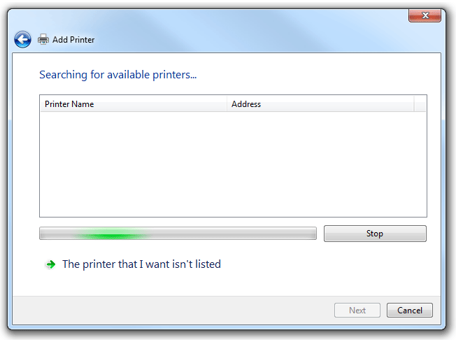 使用可能なプリンターを検索するときの [プリンターの追加] ウィザードを示すスクリーンショット。