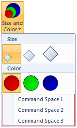 ドロップダウンギャラリー内の 3 ボタンのコマンド空間のスクリーン ショット。