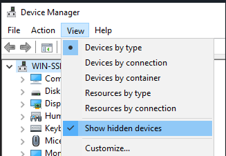 デバイス マネージャーの [非表示のデバイスの表示] メニューのスクリーンショット