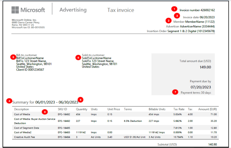 このスクリーンショットは、Microsoft Advertising の請求書に対する変更の概要を示しており、Microsoft Advertising と契約を結んだ投資顧客の税請求書に関連する更新が強調表示されています。