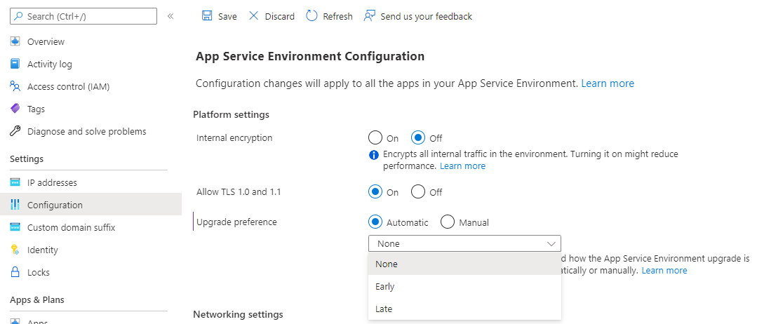 App Service Environment의 업그레이드 기본 설정을 선택하고 업데이트하는 구성 창의 스크린샷