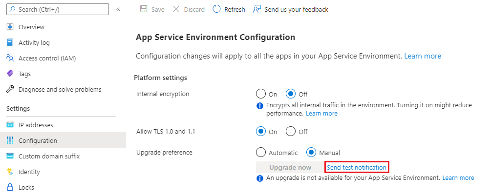 App Service Environment에 대한 테스트 알림을 보내는 구성 창의 스크린샷