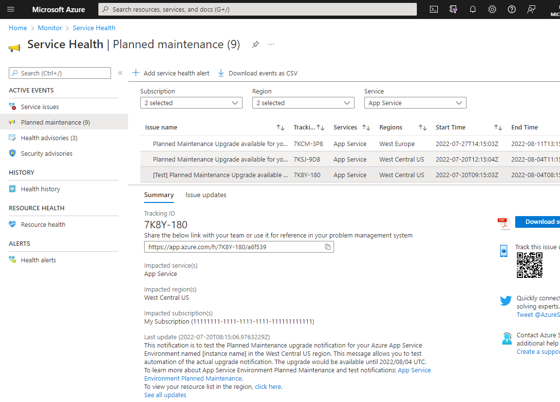 Azure Portal의 서비스 상태 대시보드 스크린샷