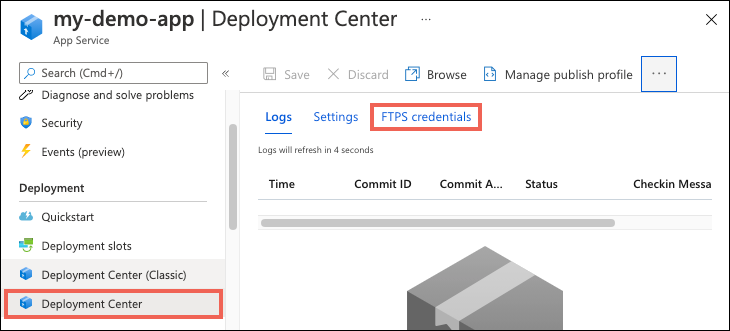 Azure 앱 Services의 배포 센터에서 FTP 대시보드를 선택하는 방법을 보여 줍니다.