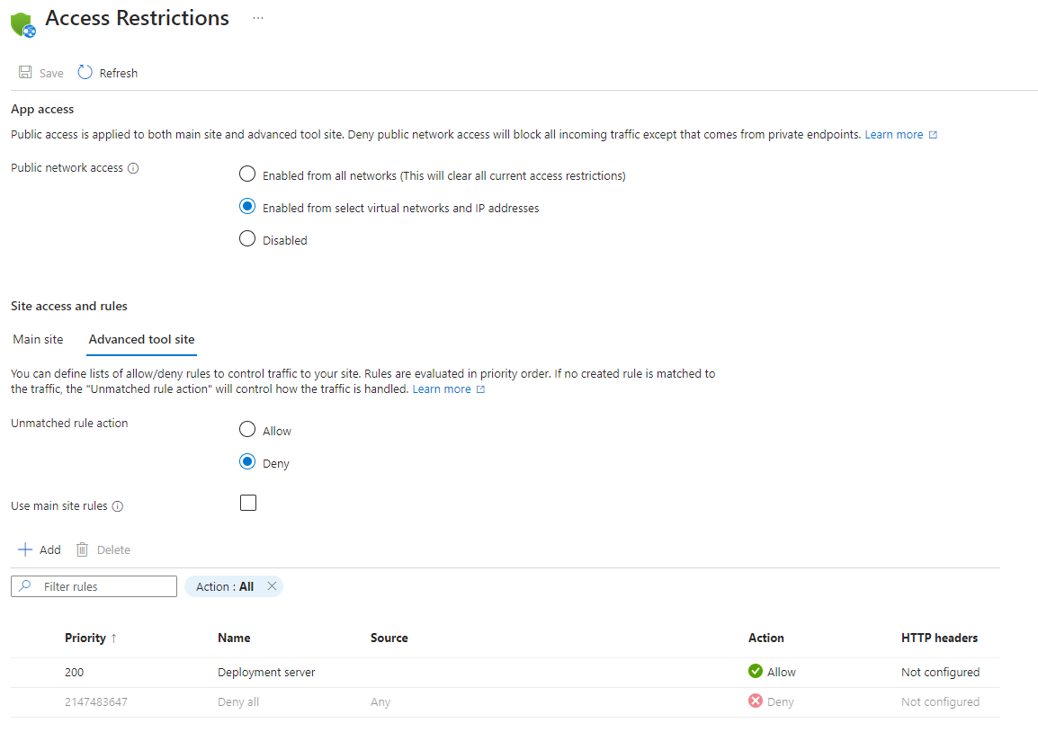 SCM 사이트 또는 앱에 대한 액세스 제한이 설정되어 있지 않음을 보여 주는 Azure Portal의 ‘액세스 제한’ 페이지 스크린샷.