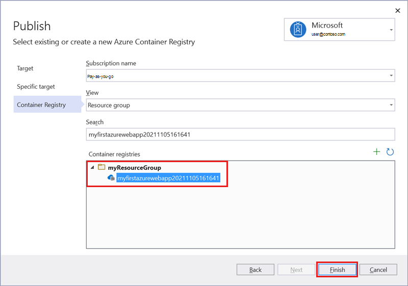 기존 Azure Container Registry 선택 화면의 스크린샷