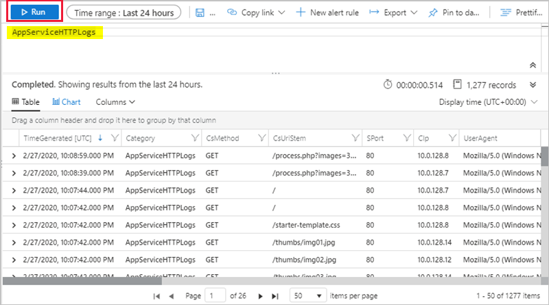 Log Analytics 작업 영역의 App Service HTTP 로그