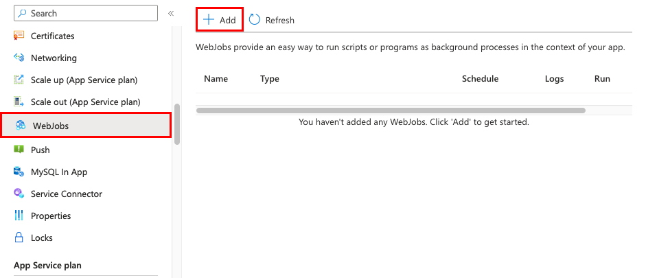 포털의 App Service 앱에서 WebJob을 추가하는 방법을 보여 주는 스크린샷