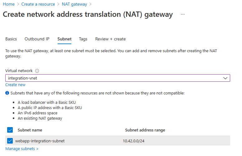 NAT 게이트웨이 만들기의 서브넷 탭 스크린샷