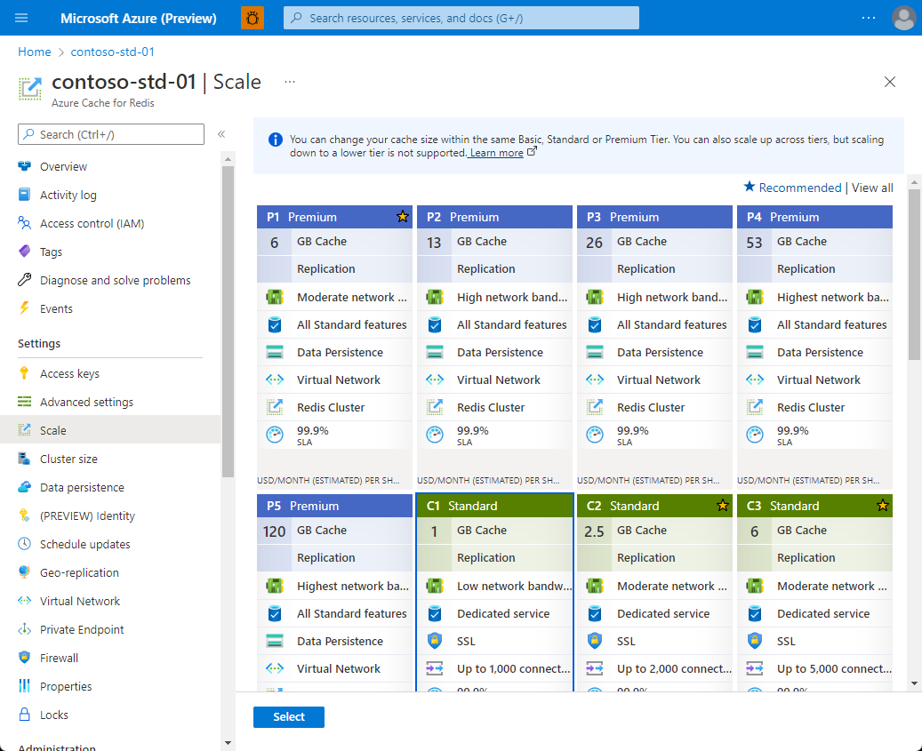 Azure Cache for Redis 가격 책정 계층