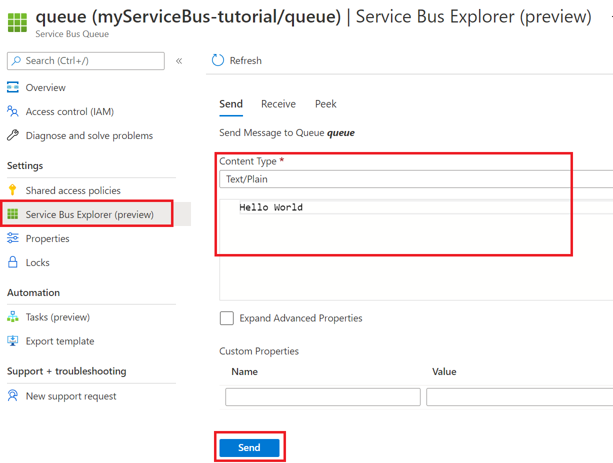 포털을 사용하여 Service Bus 메시지를 보내는 방법의 스크린샷