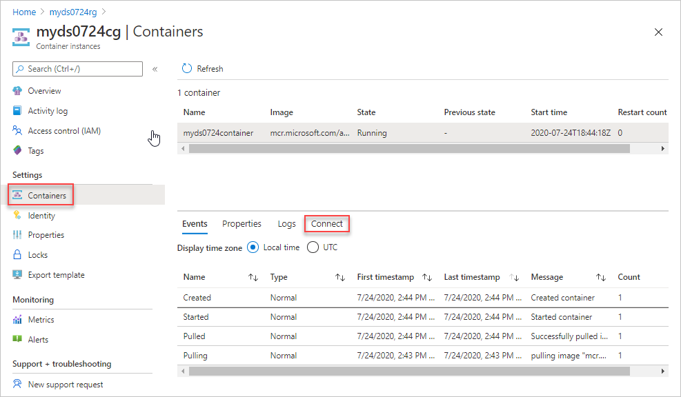 Azure Portal의 배포 스크립트 연결 컨테이너 인스턴스 옵션의 스크린샷