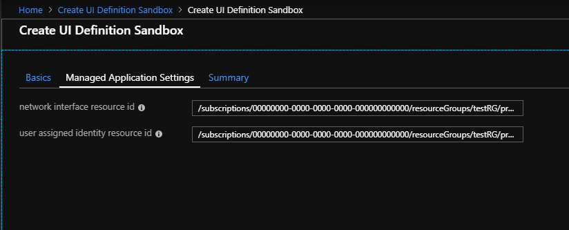네트워크 인터페이스 리소스 ID와 사용자 할당 관리 ID 리소스 ID라는 두 가지 입력이 포함된 샘플 createUiDefinition.json의 스크린샷.