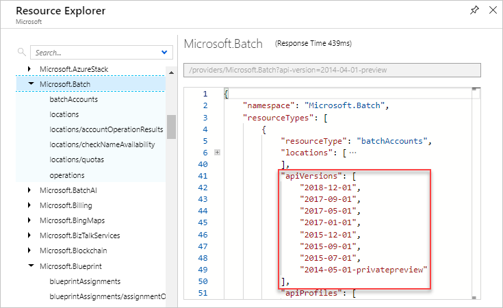 Azure Resource Explorer에서 리소스 종류의 유효한 API 버전을 표시하는 스크린샷