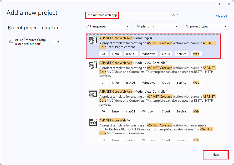 새 프로젝트 창에 ASP.NET Core 웹 애플리케이션이 선택된 스크린샷