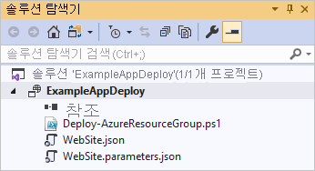 Visual Studio 솔루션 탐색기에 리소스 그룹 배포 프로젝트 파일을 보여주는 스크린샷