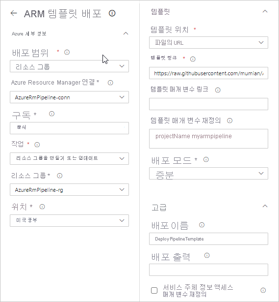 Screenshot of the ARM template deployment page with required values entered for Azure DevOps Azure Pipelines.