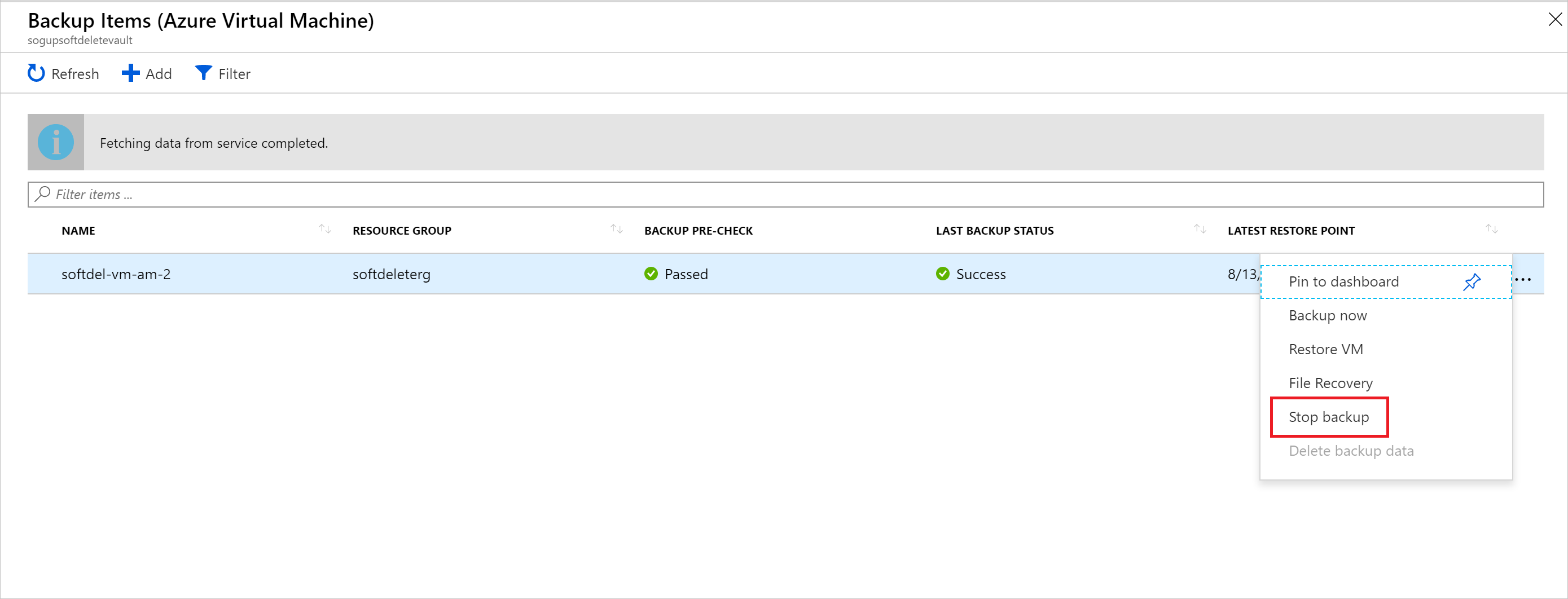 Azure Portal 백업 항목 스크린샷