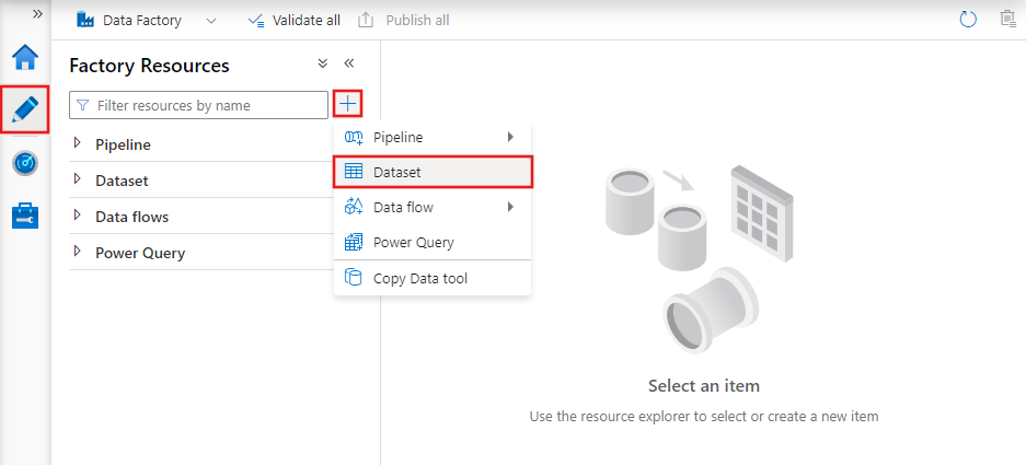 새 데이터 세트 단추가 선택된 Azure Data Factory Studio의 작성자 탭을 표시합니다.