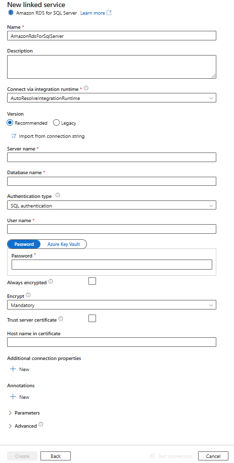 Amazon RDS for SQL Server 연결된 서비스 구성 스크린샷