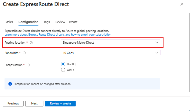 Metro ExpressRoute Direct 포트를 만드는 화면의 스크린샷.