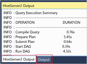 Hive 대화형 작업 출력, HDInsight 클러스터, Visual Studio.