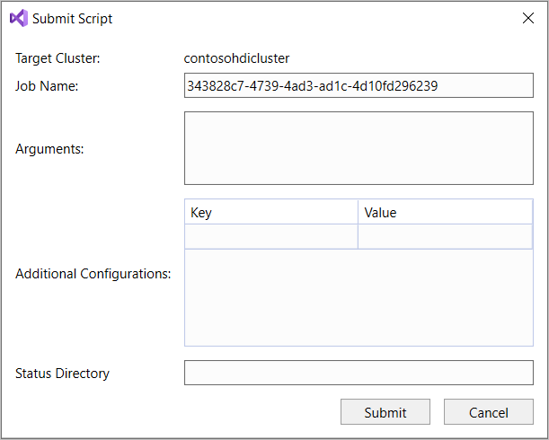 스크립트 제출 대화 상자, Hive 임시 쿼리, HDInsight 클러스터, Visual Studio.