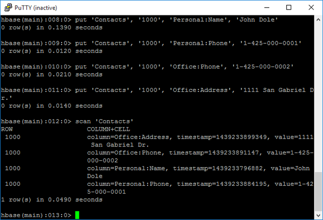 HDInsight Apache Hadoop HBase 셸.