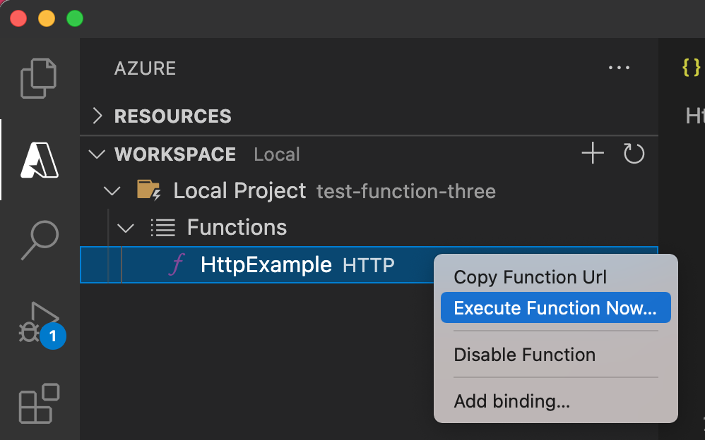 Visual Studio Code에서 실행 함수 스크린샷