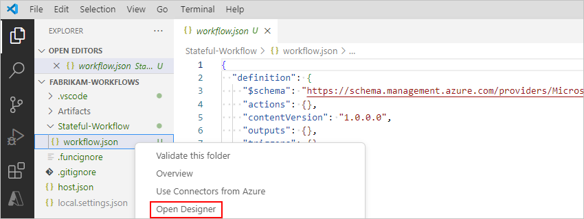 탐색기 창, workflow.json 파일 바로 가기 메뉴, 선택한 디자이너 열기를 보여 주는 스크린샷