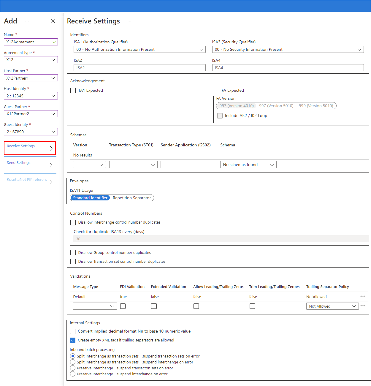 인바운드 메시지에 대한 Azure Portal 및 X12 규약 설정을 보여 주는 스크린샷