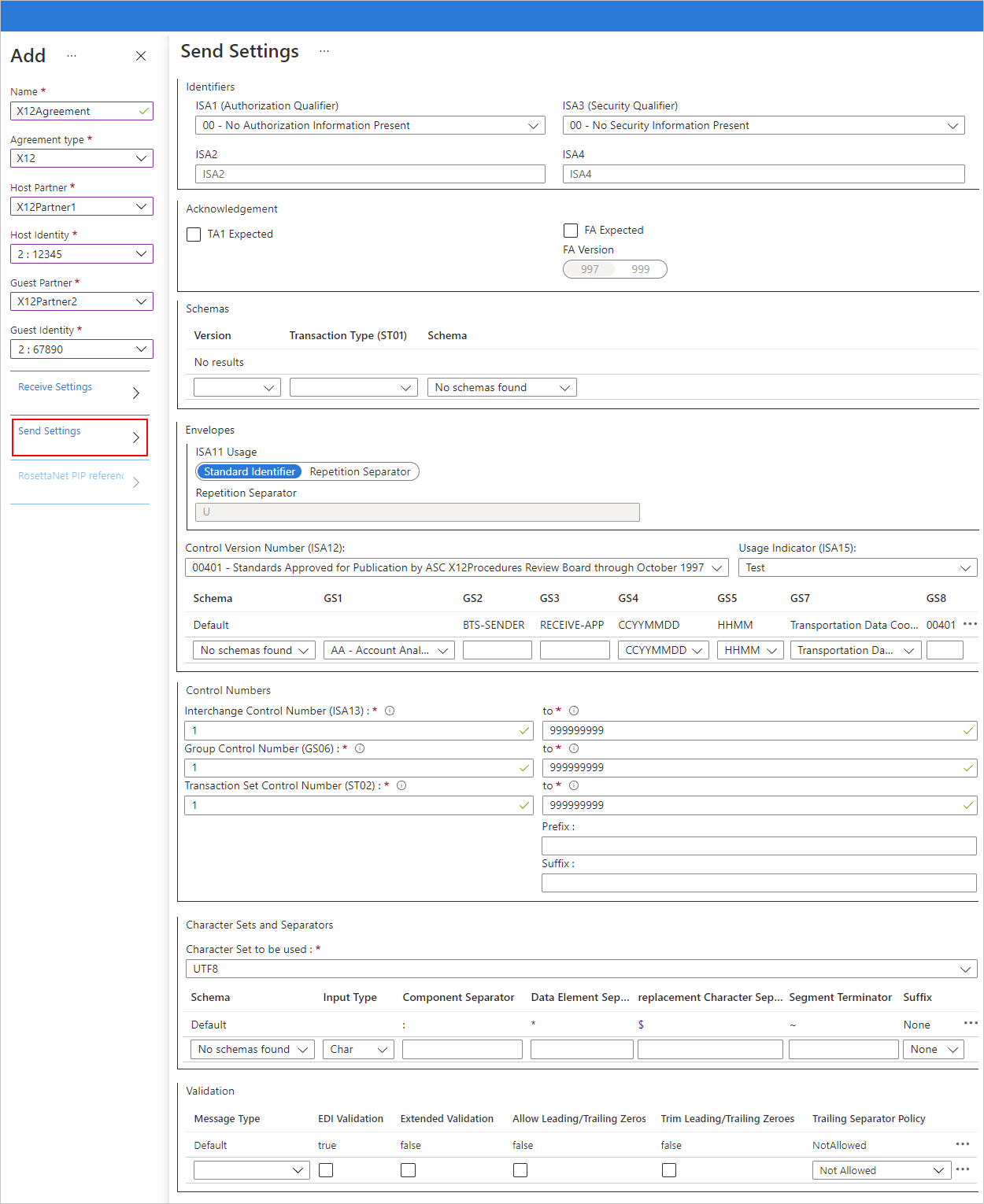 아웃바운드 메시지에 대한 Azure Portal 및 X12 규약 설정을 보여 주는 스크린샷