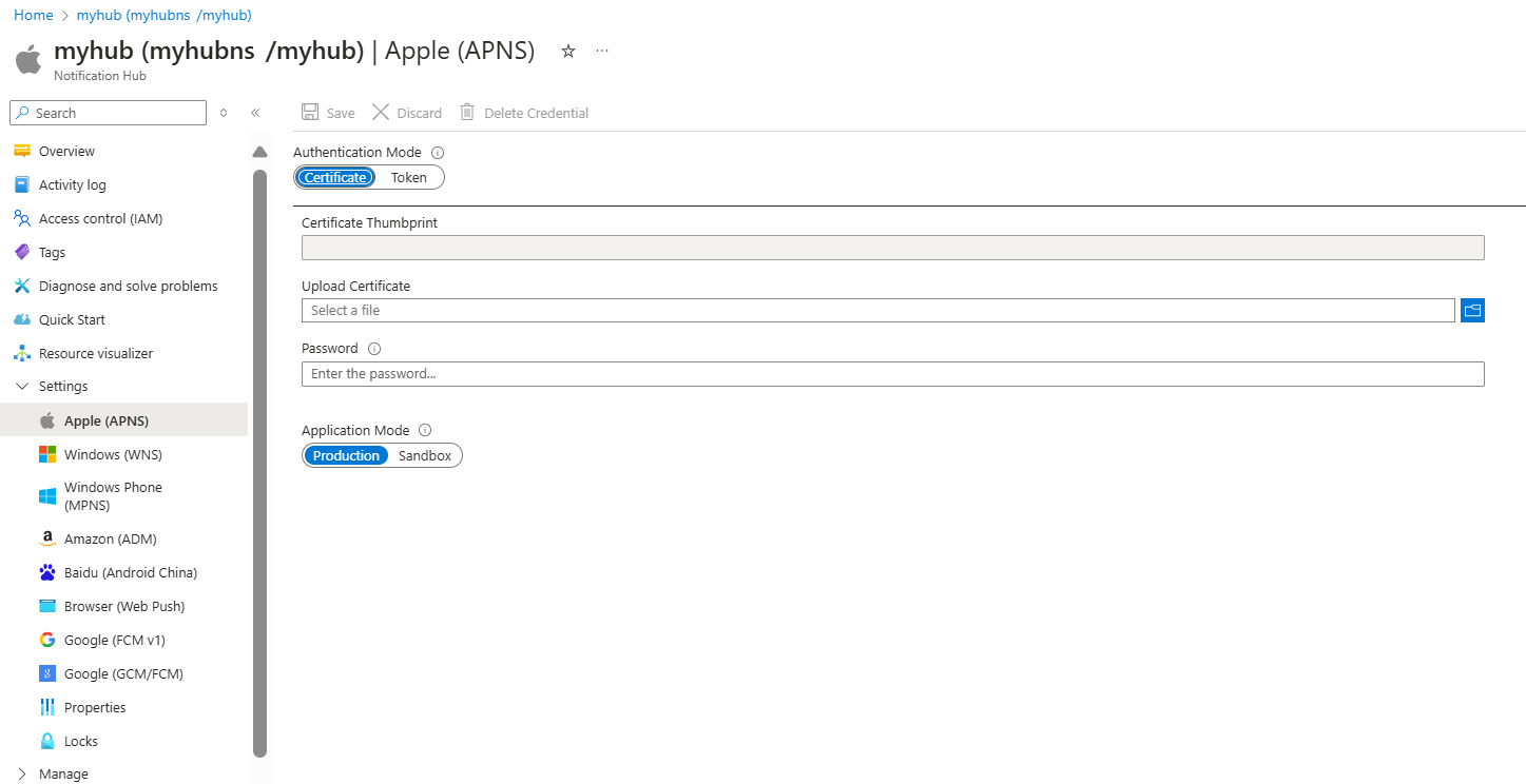 Azure Portal의 APNS 인증서 구성 스크린샷