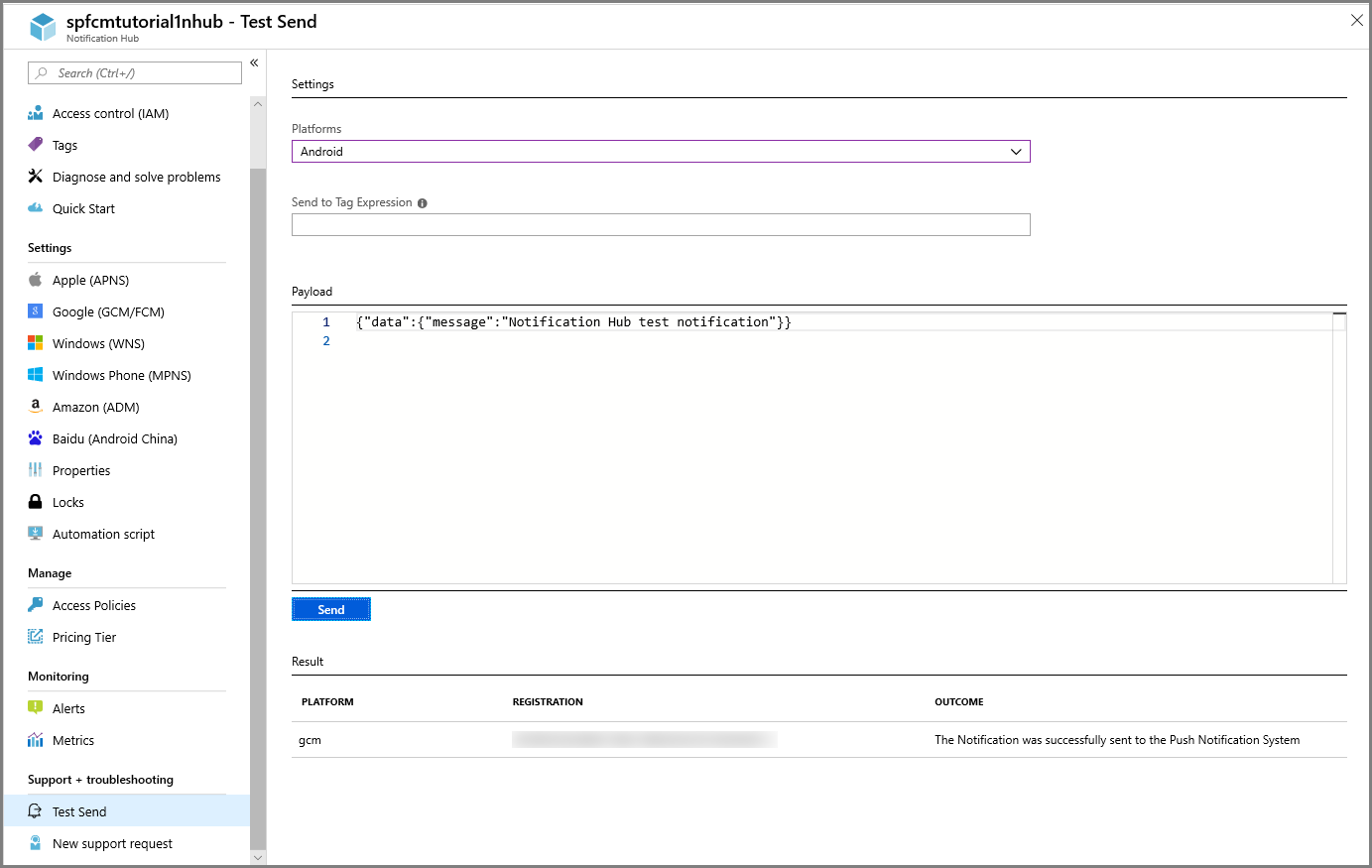 Azure Notification Hubs - 전송 테스트