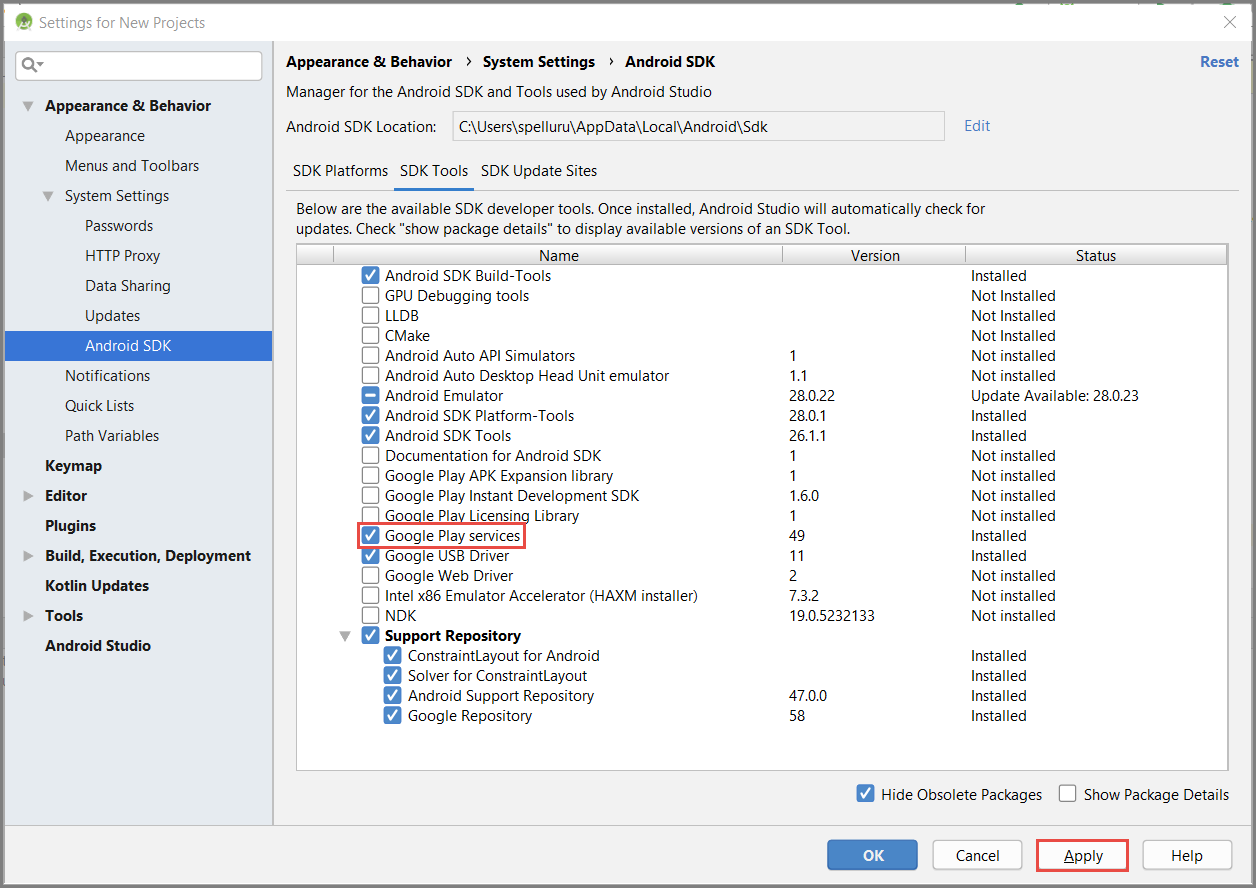 Android SDK Manager - Google Play 서비스 선택